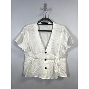 ZARA Women's White Cropped Button Up Low V Neck Blouse Top Short Sleeve Medium